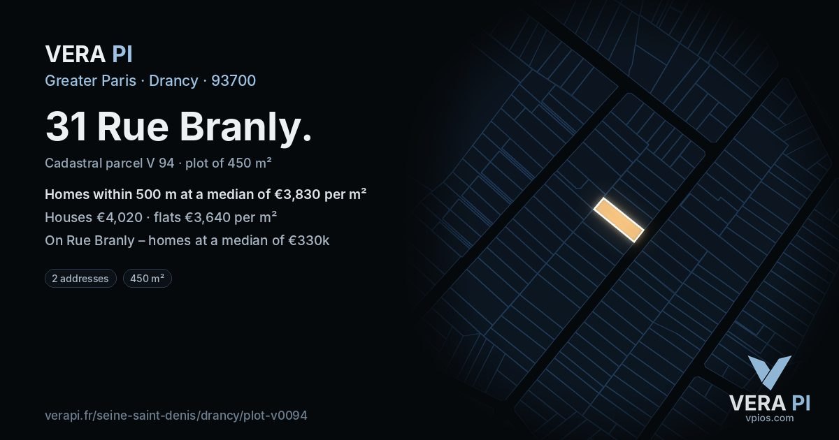 31 Rue Branly, Drancy at night – the plot lit, the parcels around coloured by the prices near them