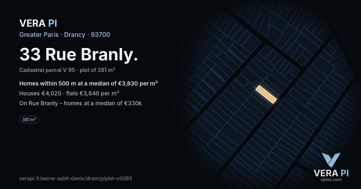 33 Rue Branly, Drancy at night – the plot lit, the parcels around coloured by the prices near them