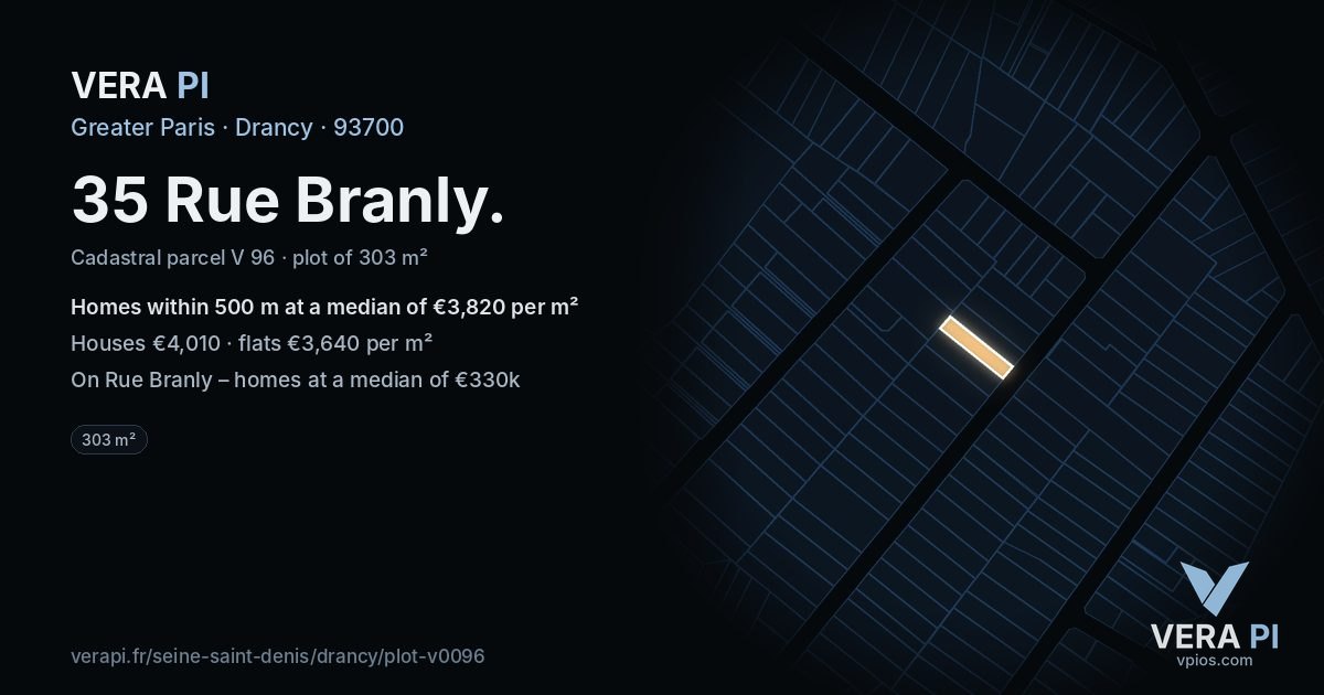 35 Rue Branly, Drancy at night – the plot lit, the parcels around coloured by the prices near them