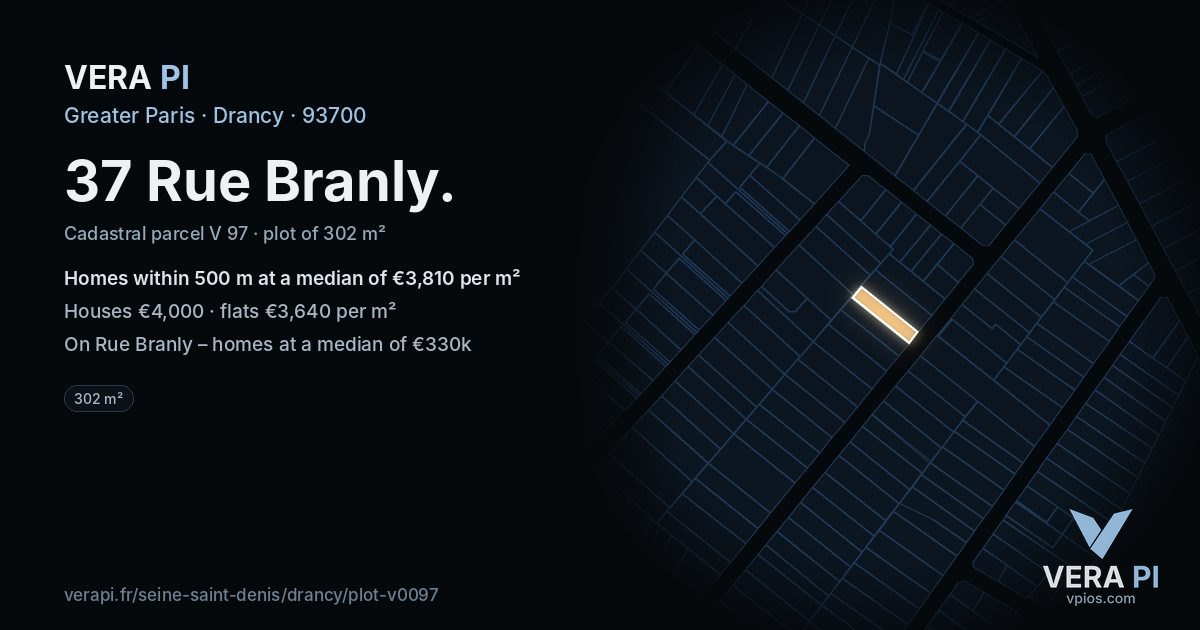37 Rue Branly, Drancy at night – the plot lit, the parcels around coloured by the prices near them
