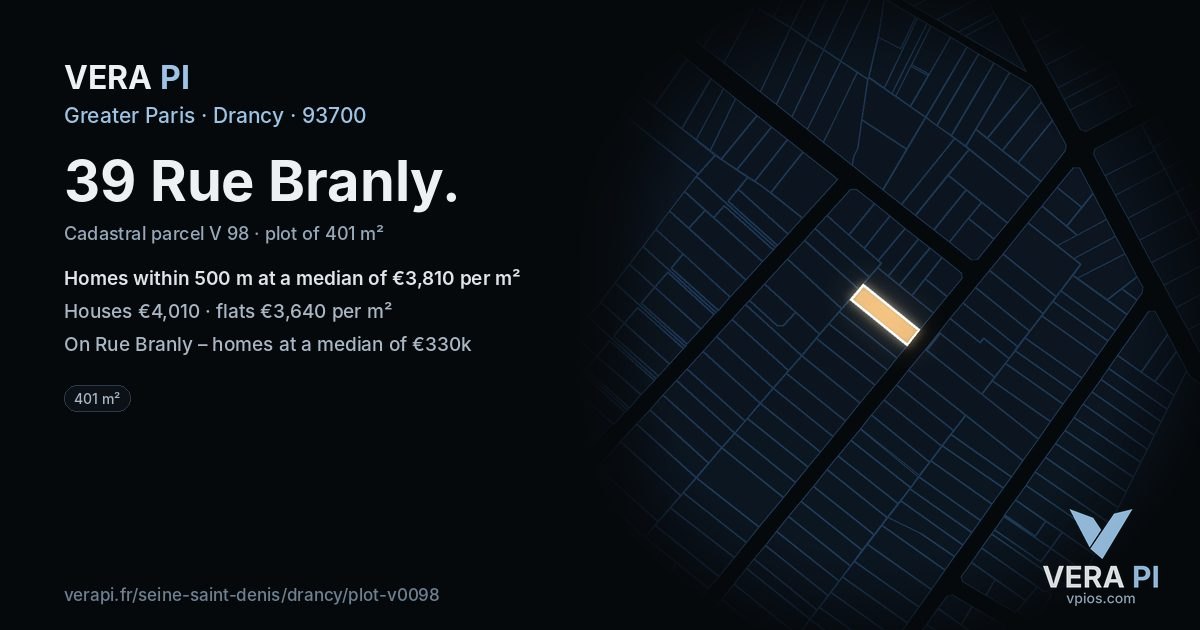 39 Rue Branly, Drancy at night – the plot lit, the parcels around coloured by the prices near them