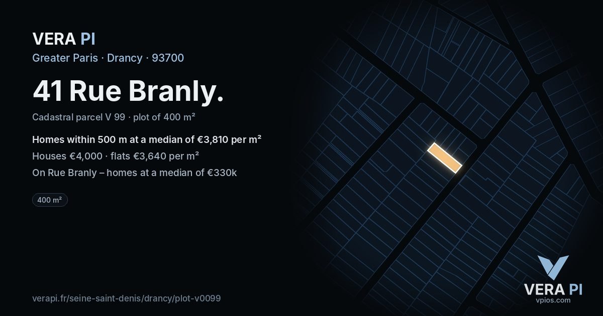 41 Rue Branly, Drancy at night – the plot lit, the parcels around coloured by the prices near them