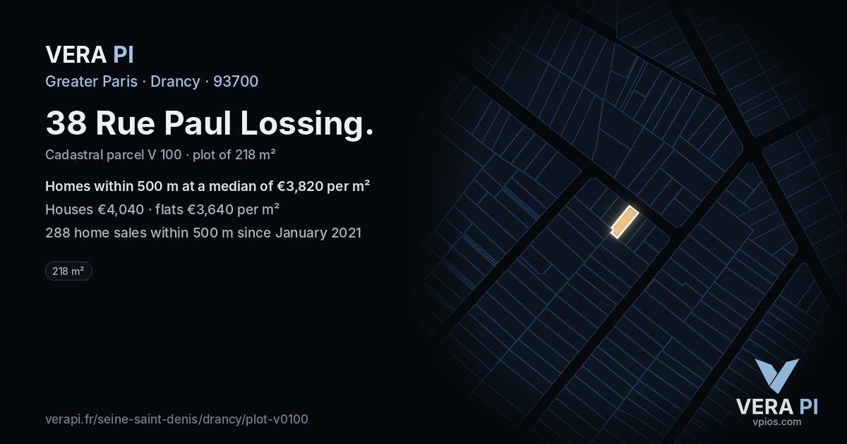 38 Rue Paul Lossing, Drancy at night – the plot lit, the parcels around coloured by the prices near them