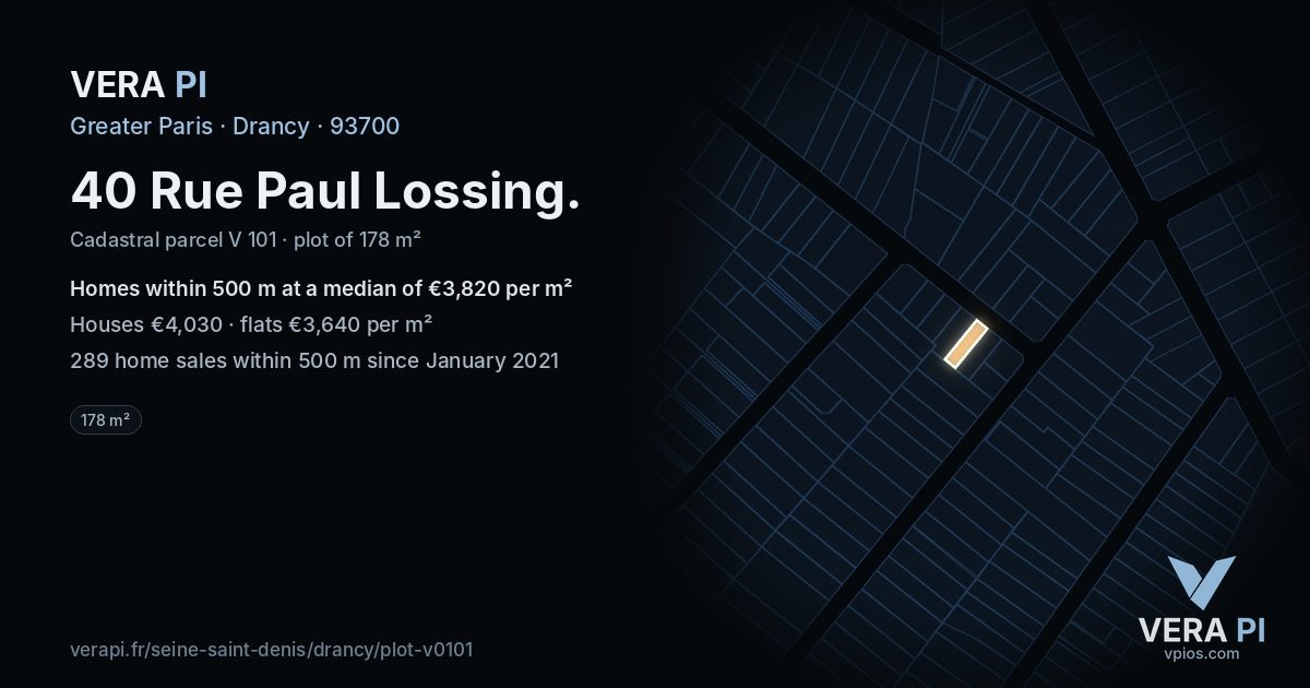 40 Rue Paul Lossing, Drancy at night – the plot lit, the parcels around coloured by the prices near them