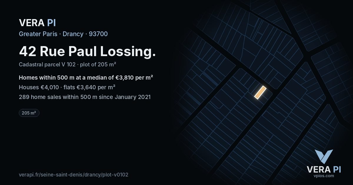 42 Rue Paul Lossing, Drancy at night – the plot lit, the parcels around coloured by the prices near them