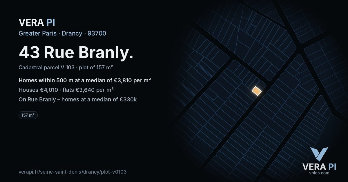 43 Rue Branly, Drancy at night – the plot lit, the parcels around coloured by the prices near them