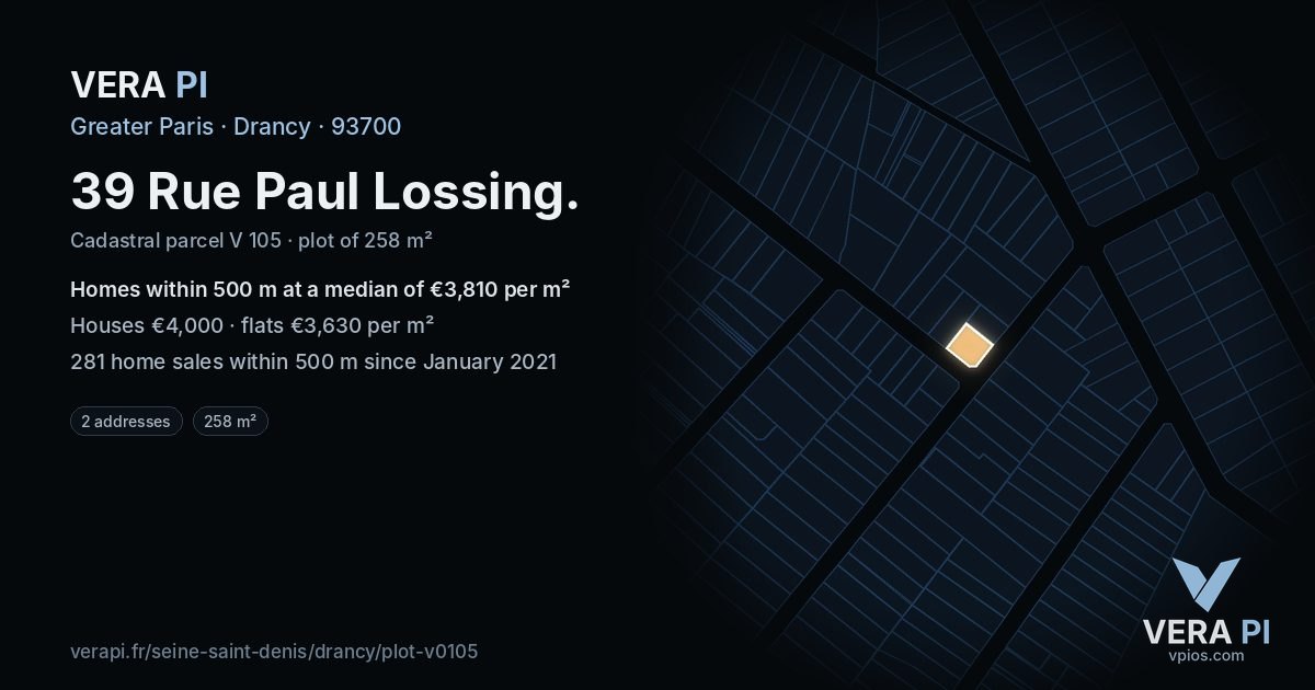 39 Rue Paul Lossing, Drancy at night – the plot lit, the parcels around coloured by the prices near them
