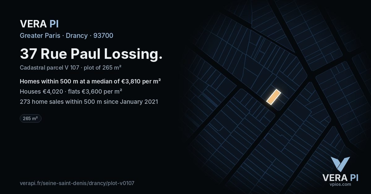 37 Rue Paul Lossing, Drancy at night – the plot lit, the parcels around coloured by the prices near them