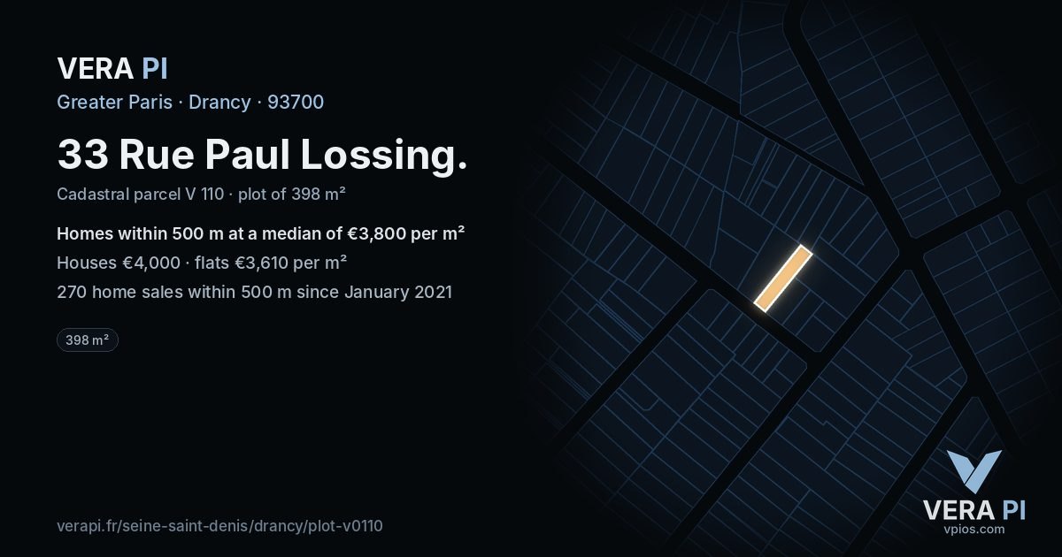 33 Rue Paul Lossing, Drancy at night – the plot lit, the parcels around coloured by the prices near them