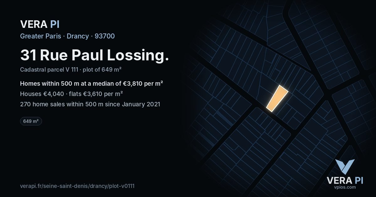 31 Rue Paul Lossing, Drancy at night – the plot lit, the parcels around coloured by the prices near them
