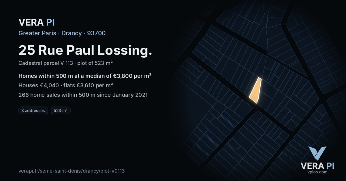 25 Rue Paul Lossing, Drancy at night – the plot lit, the parcels around coloured by the prices near them