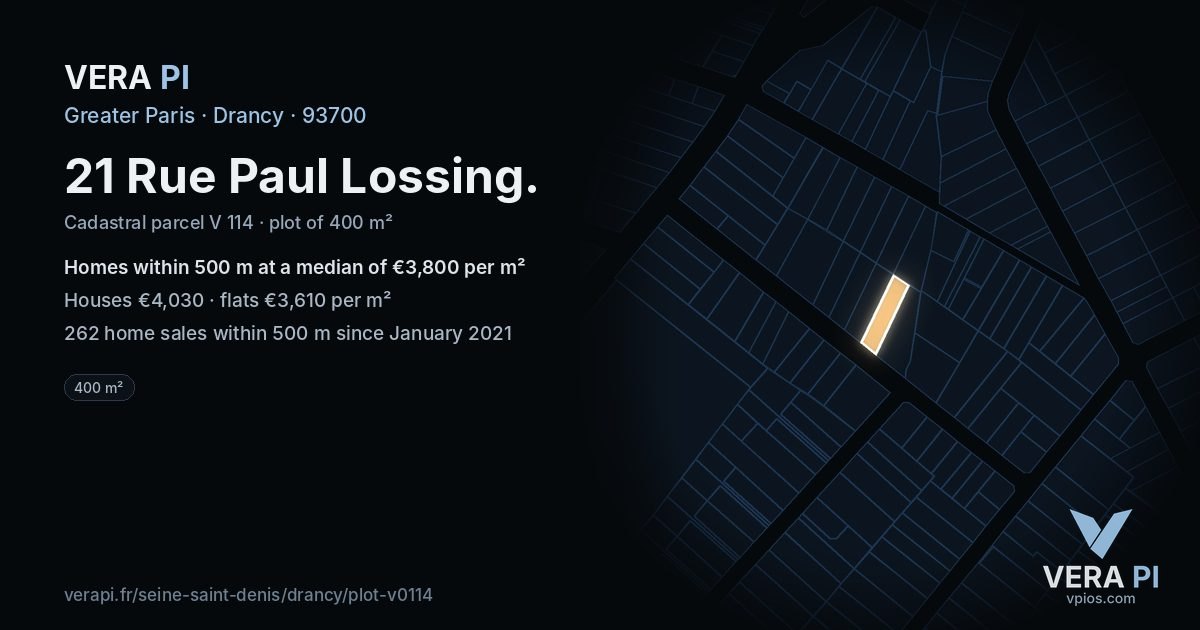 21 Rue Paul Lossing, Drancy at night – the plot lit, the parcels around coloured by the prices near them