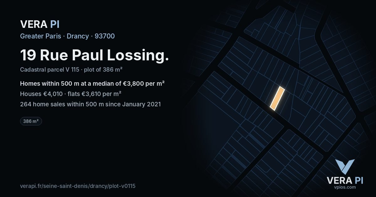 19 Rue Paul Lossing, Drancy at night – the plot lit, the parcels around coloured by the prices near them