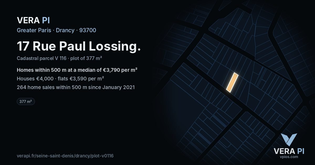 17 Rue Paul Lossing, Drancy at night – the plot lit, the parcels around coloured by the prices near them