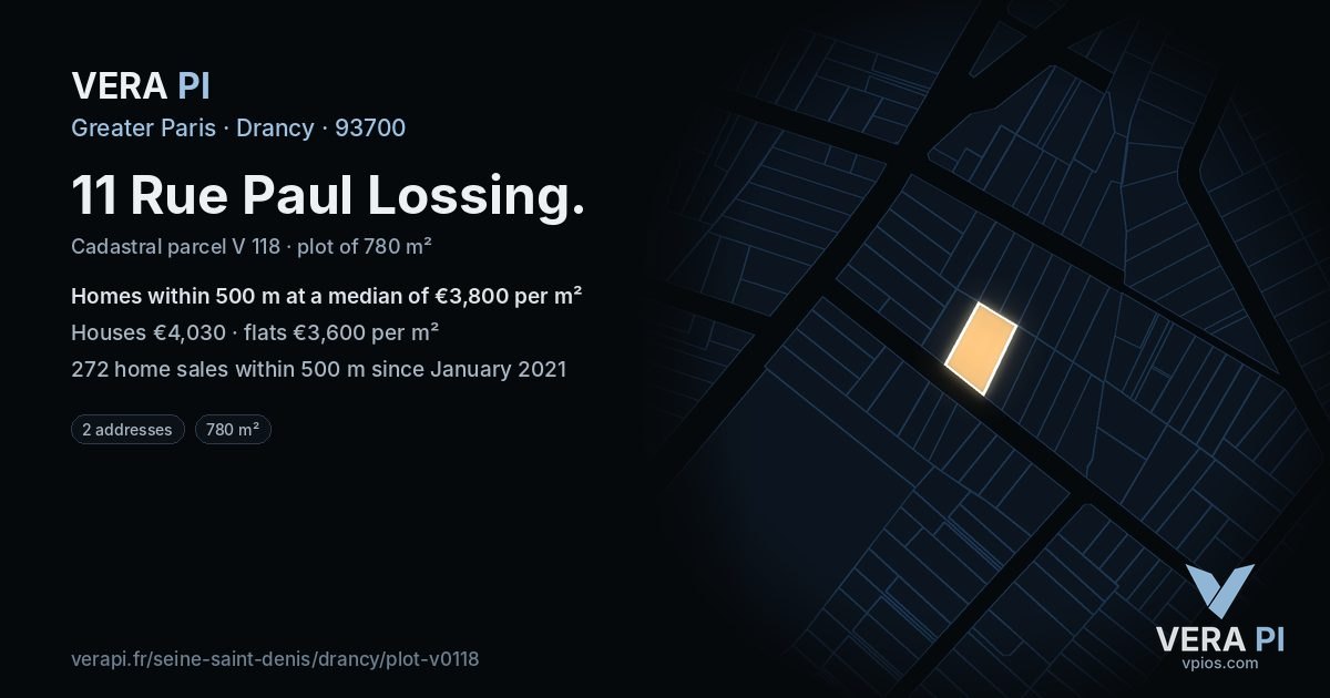 11 Rue Paul Lossing, Drancy at night – the plot lit, the parcels around coloured by the prices near them