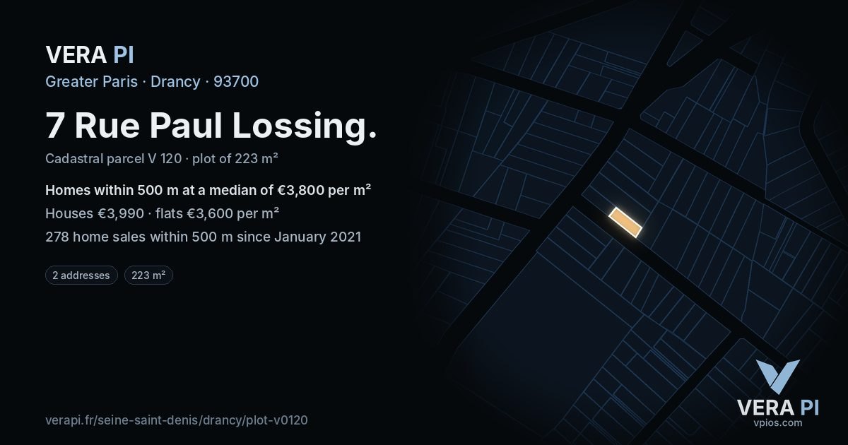 7 Rue Paul Lossing, Drancy at night – the plot lit, the parcels around coloured by the prices near them