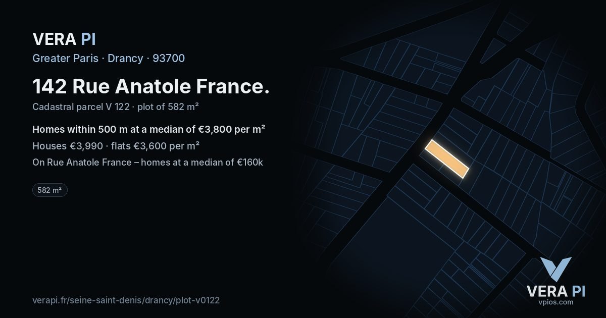 142 Rue Anatole France, Drancy at night – the plot lit, the parcels around coloured by the prices near them