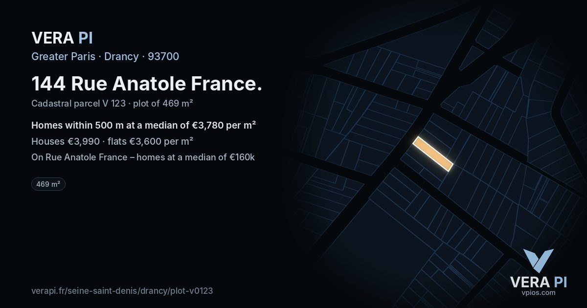 144 Rue Anatole France, Drancy at night – the plot lit, the parcels around coloured by the prices near them
