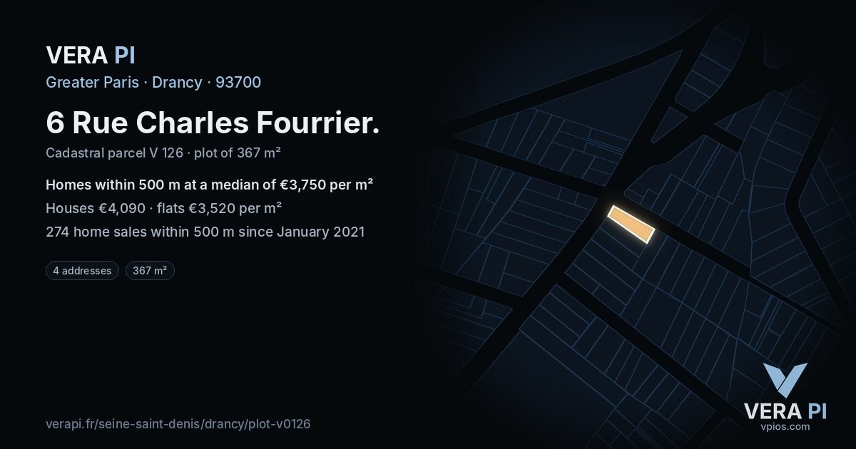 6 Rue Charles Fourrier, Drancy at night – the plot lit, the parcels around coloured by the prices near them