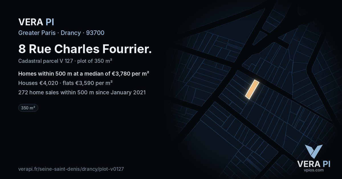 8 Rue Charles Fourrier, Drancy at night – the plot lit, the parcels around coloured by the prices near them