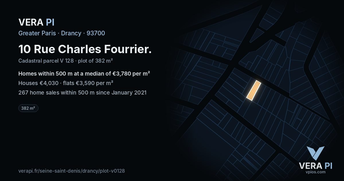 10 Rue Charles Fourrier, Drancy at night – the plot lit, the parcels around coloured by the prices near them