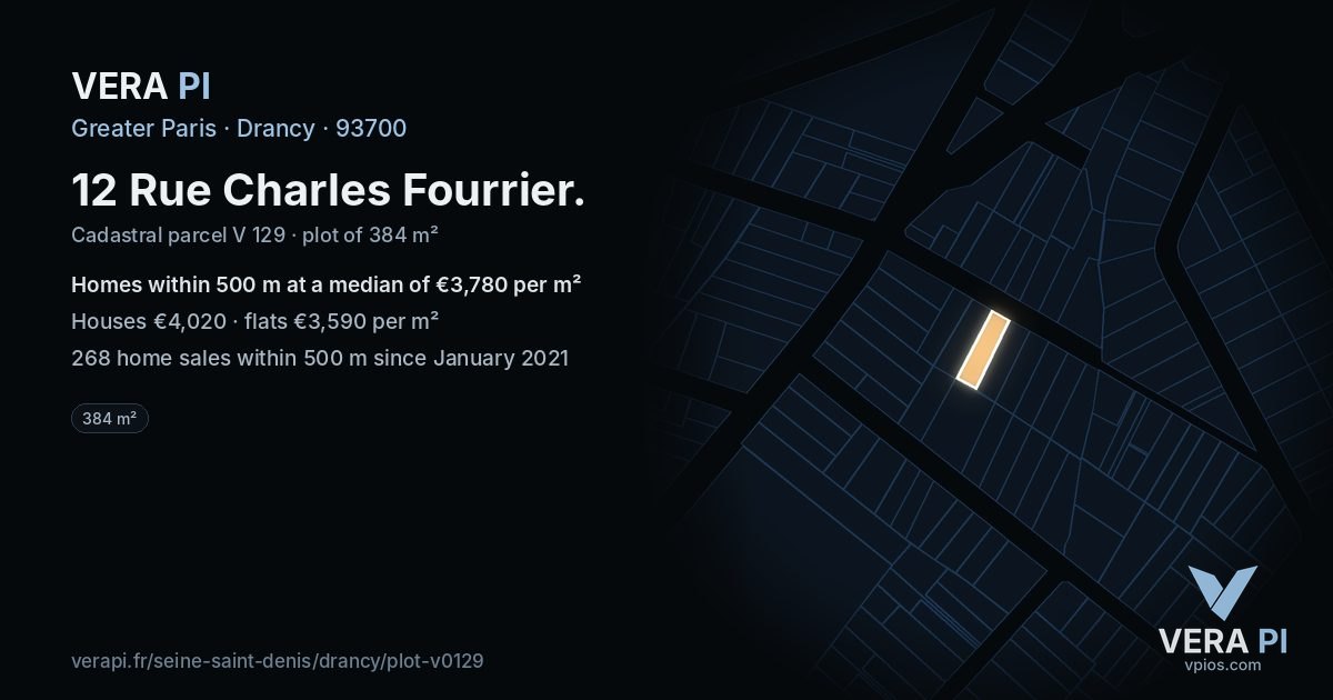 12 Rue Charles Fourrier, Drancy at night – the plot lit, the parcels around coloured by the prices near them