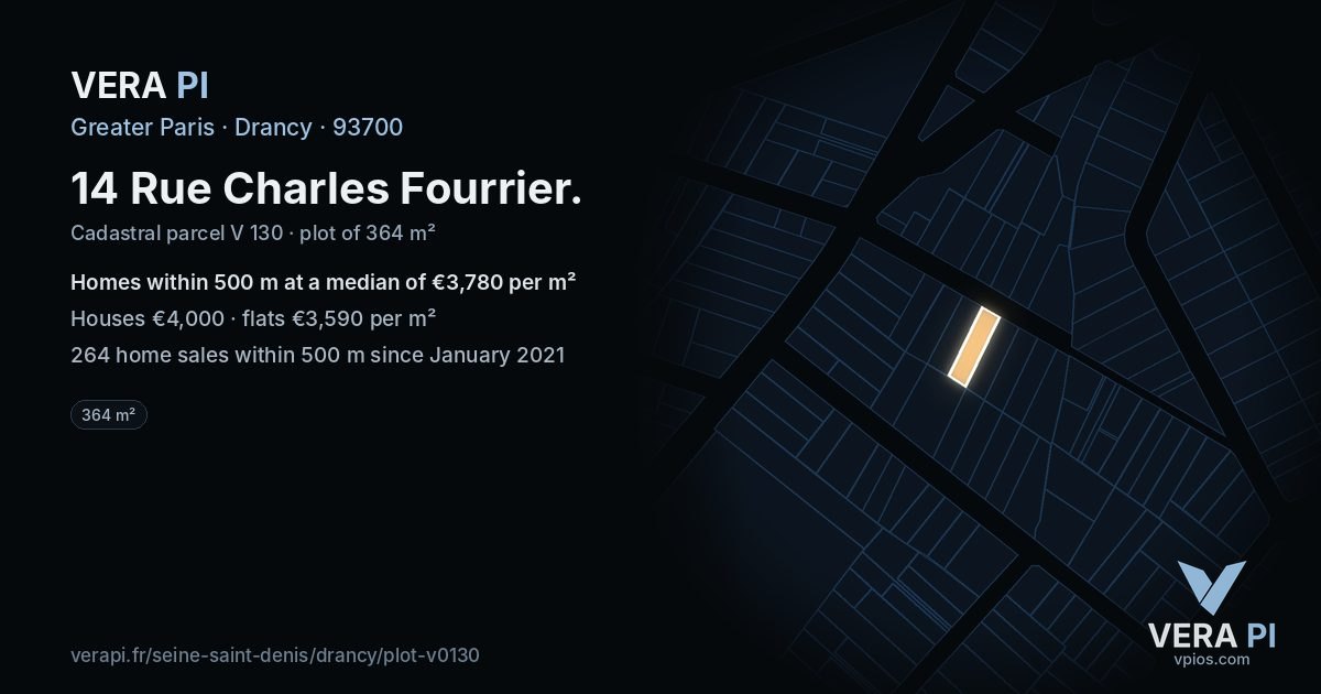 14 Rue Charles Fourrier, Drancy at night – the plot lit, the parcels around coloured by the prices near them