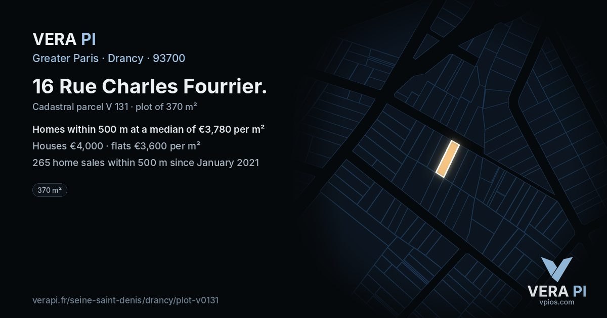 16 Rue Charles Fourrier, Drancy at night – the plot lit, the parcels around coloured by the prices near them