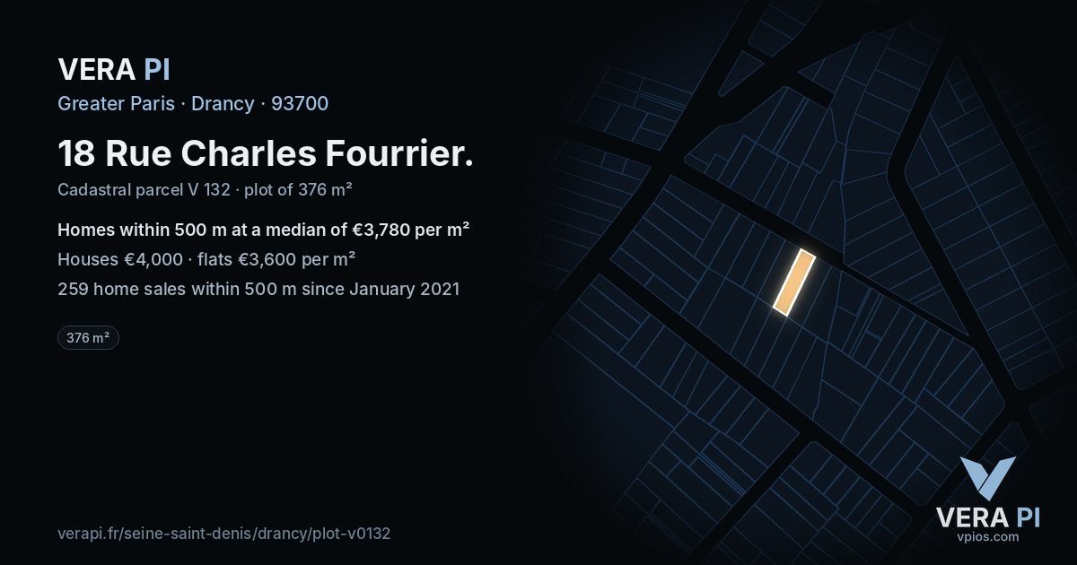 18 Rue Charles Fourrier, Drancy at night – the plot lit, the parcels around coloured by the prices near them