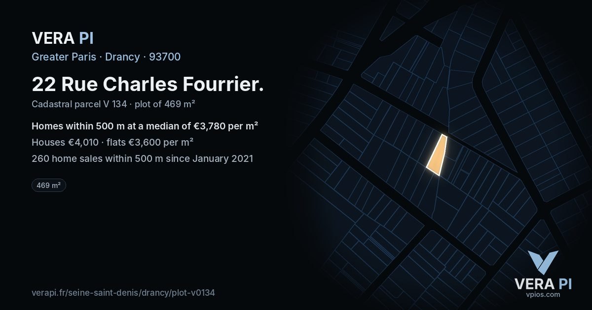 22 Rue Charles Fourrier, Drancy at night – the plot lit, the parcels around coloured by the prices near them