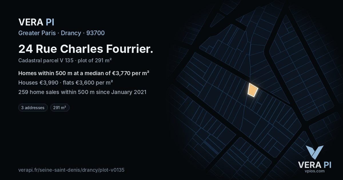 24 Rue Charles Fourrier, Drancy at night – the plot lit, the parcels around coloured by the prices near them