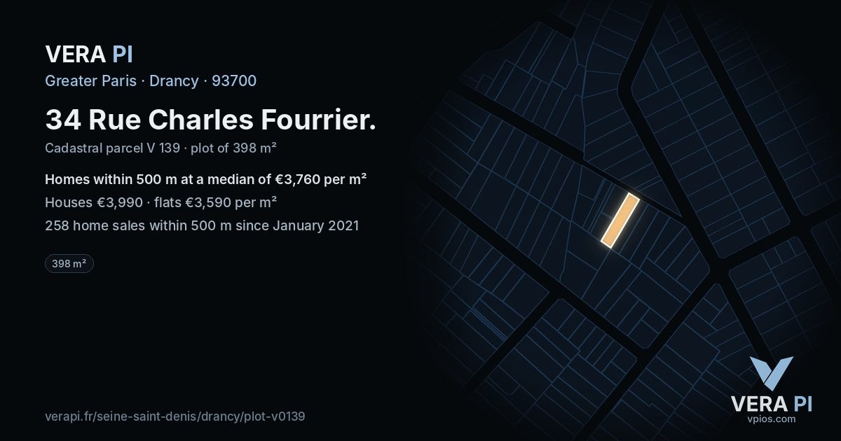 34 Rue Charles Fourrier, Drancy at night – the plot lit, the parcels around coloured by the prices near them
