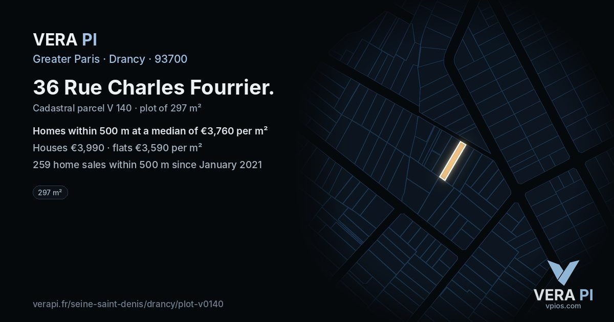 36 Rue Charles Fourrier, Drancy at night – the plot lit, the parcels around coloured by the prices near them