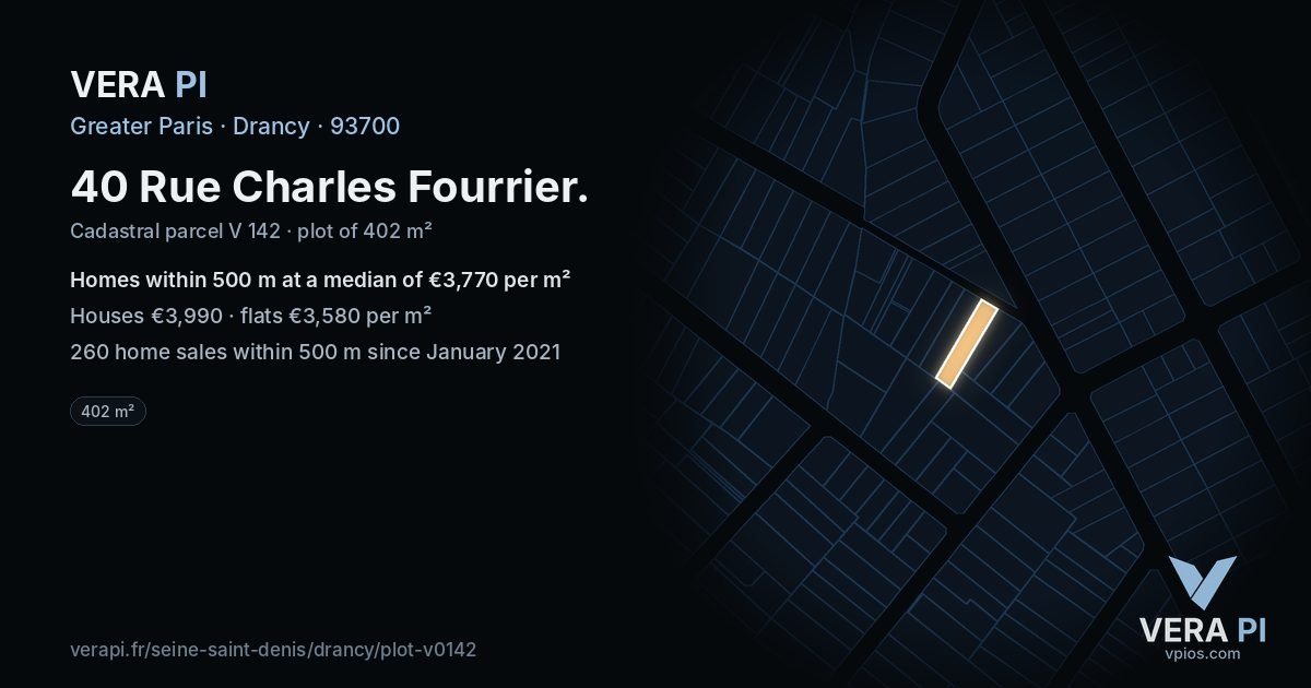 40 Rue Charles Fourrier, Drancy at night – the plot lit, the parcels around coloured by the prices near them