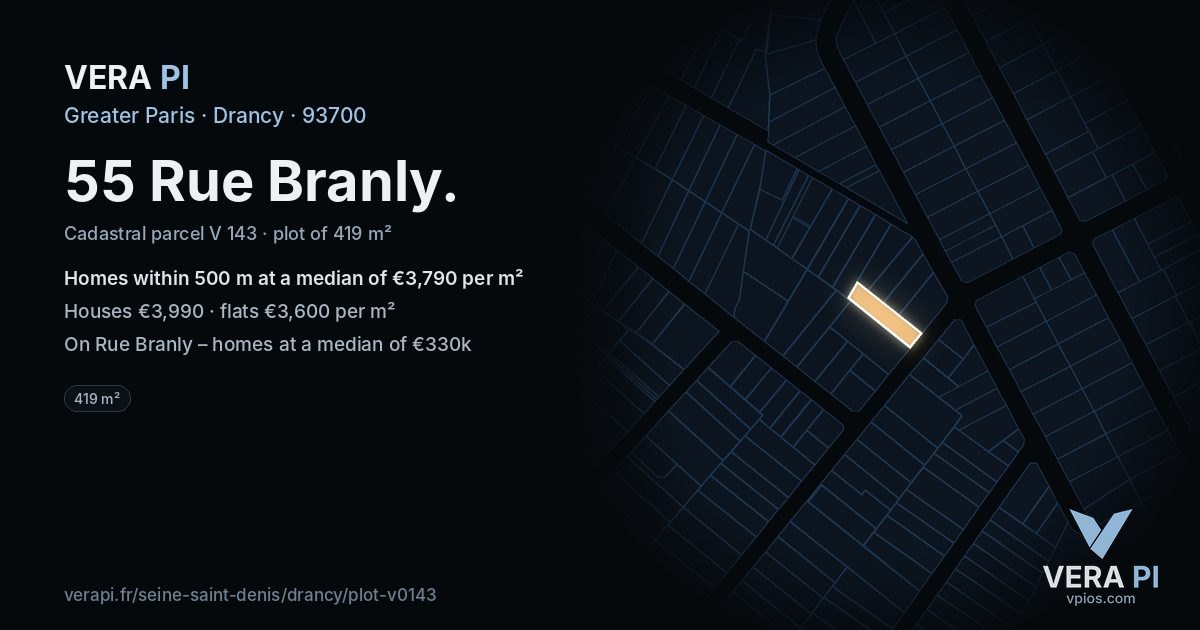 55 Rue Branly, Drancy at night – the plot lit, the parcels around coloured by the prices near them