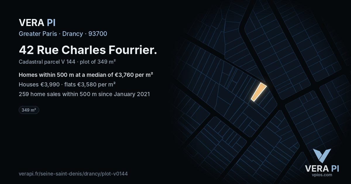 42 Rue Charles Fourrier, Drancy at night – the plot lit, the parcels around coloured by the prices near them