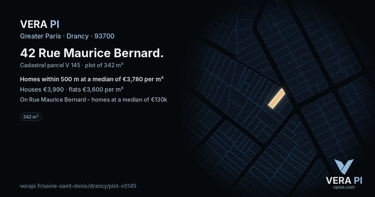 42 Rue Maurice Bernard, Drancy at night – the plot lit, the parcels around coloured by the prices near them