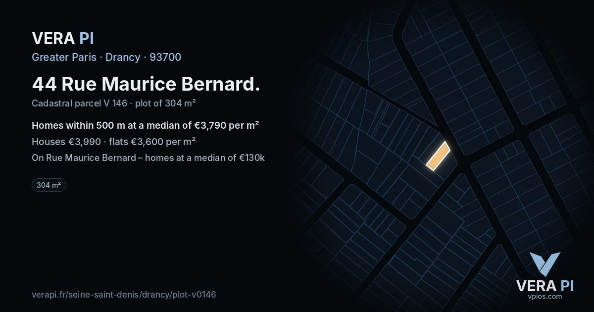 44 Rue Maurice Bernard, Drancy at night – the plot lit, the parcels around coloured by the prices near them