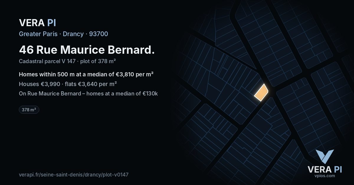 46 Rue Maurice Bernard, Drancy at night – the plot lit, the parcels around coloured by the prices near them