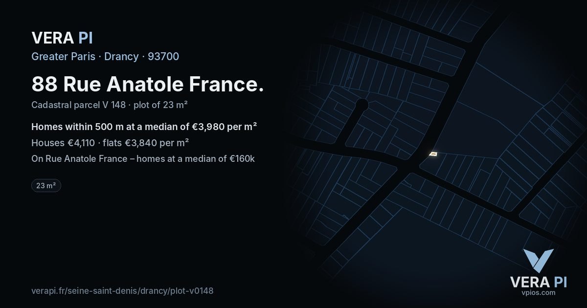 88 Rue Anatole France, Drancy at night – the plot lit, the parcels around coloured by the prices near them
