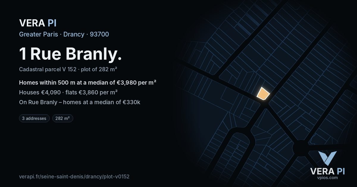 1 Rue Branly, Drancy at night – the plot lit, the parcels around coloured by the prices near them