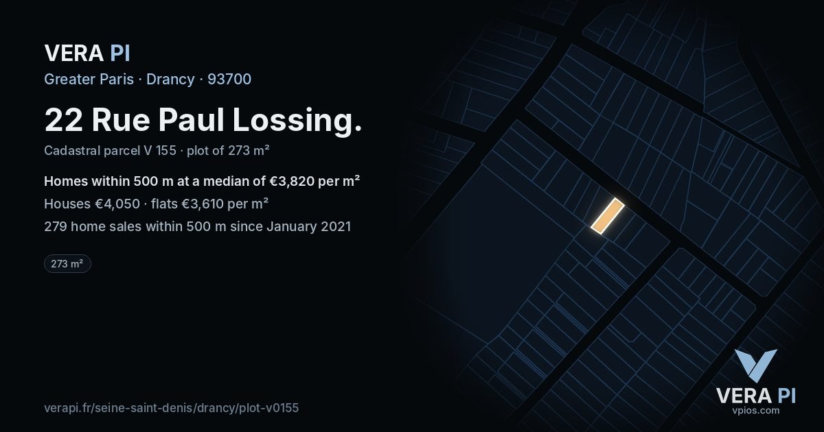 22 Rue Paul Lossing, Drancy at night – the plot lit, the parcels around coloured by the prices near them