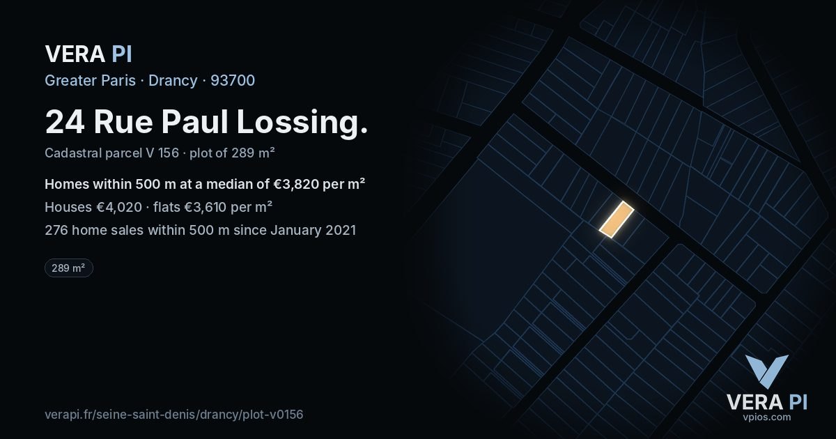 24 Rue Paul Lossing, Drancy at night – the plot lit, the parcels around coloured by the prices near them