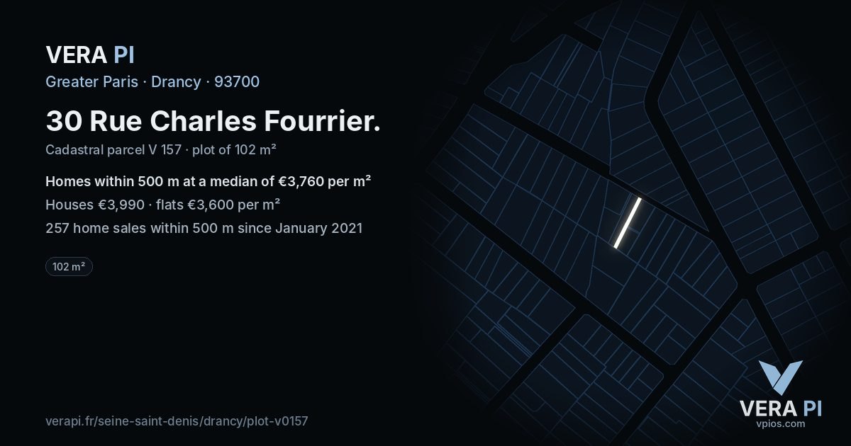 30 Rue Charles Fourrier, Drancy at night – the plot lit, the parcels around coloured by the prices near them