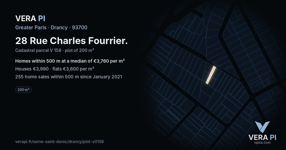 28 Rue Charles Fourrier, Drancy at night – the plot lit, the parcels around coloured by the prices near them