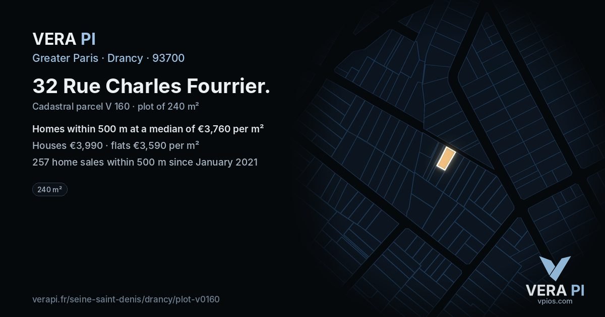 32 Rue Charles Fourrier, Drancy at night – the plot lit, the parcels around coloured by the prices near them