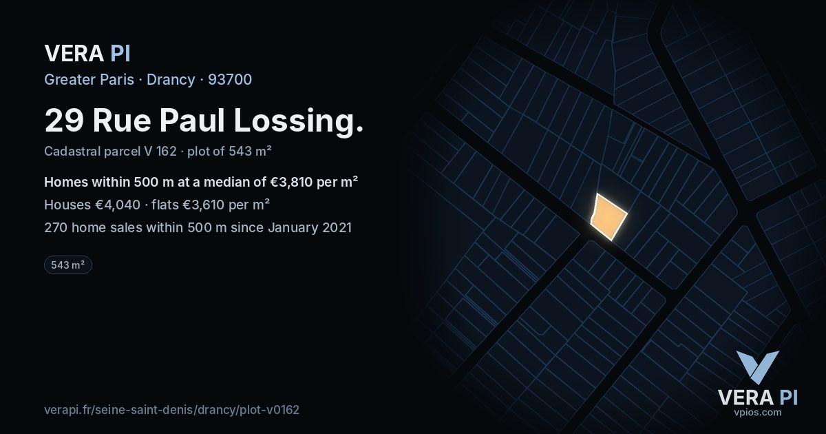 29 Rue Paul Lossing, Drancy at night – the plot lit, the parcels around coloured by the prices near them