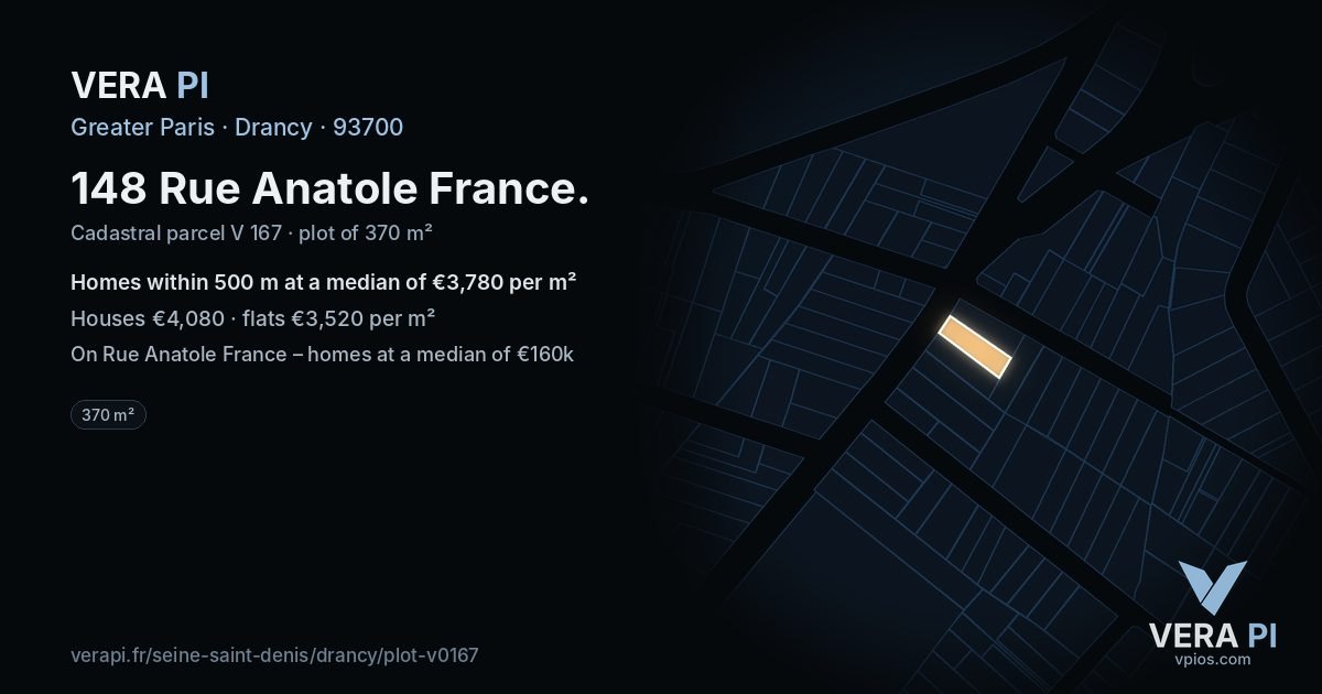 148 Rue Anatole France, Drancy at night – the plot lit, the parcels around coloured by the prices near them