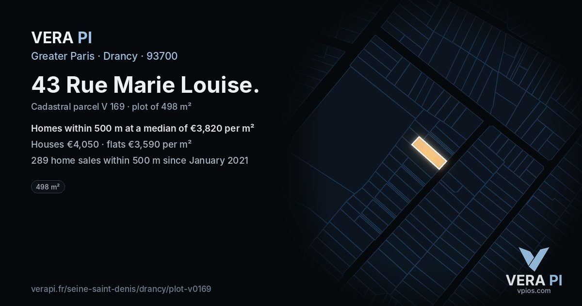 43 Rue Marie Louise, Drancy at night – the plot lit, the parcels around coloured by the prices near them