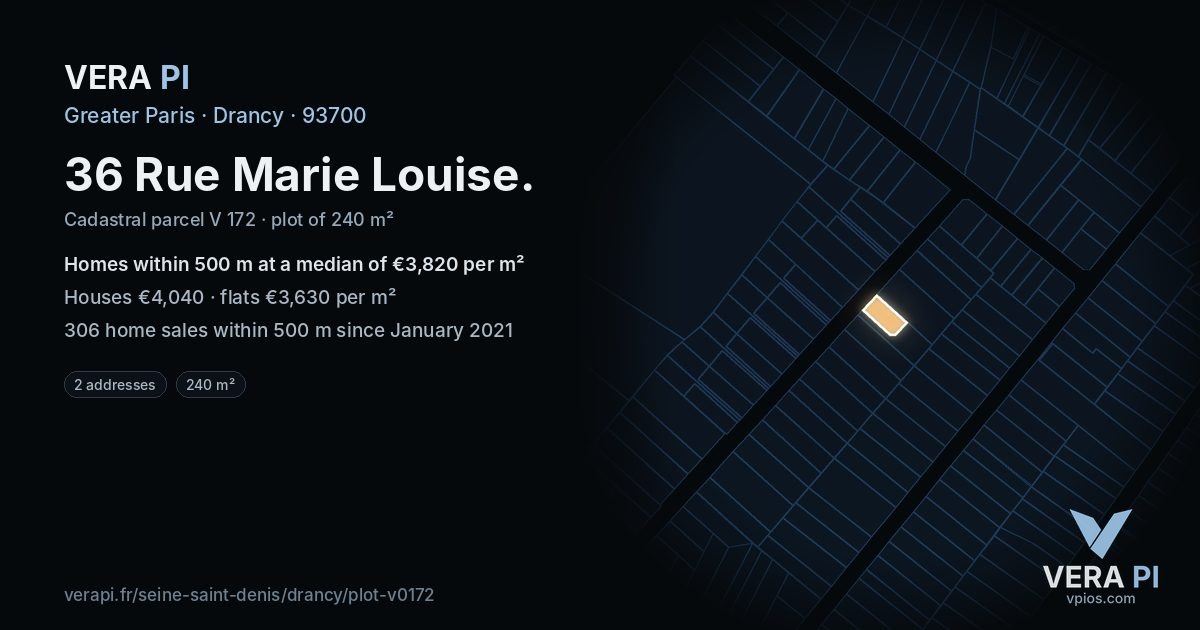 36 Rue Marie Louise, Drancy at night – the plot lit, the parcels around coloured by the prices near them